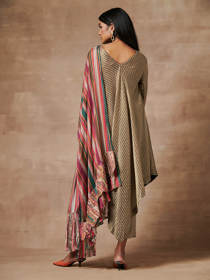 Myoko Gold Kurta Set with Multicoloured Stripes Dupatta