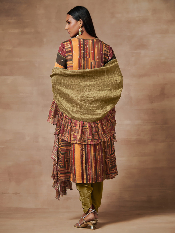 Myoko Brown Multistriped Kurta Set with Dupatta