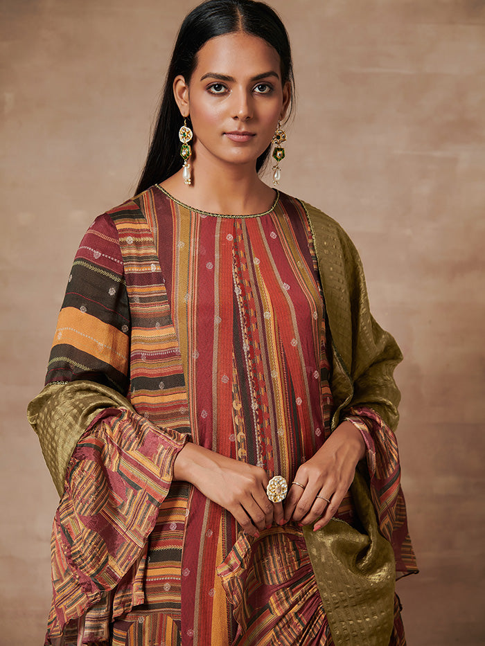 Myoko Brown Multistriped Kurta Set with Dupatta