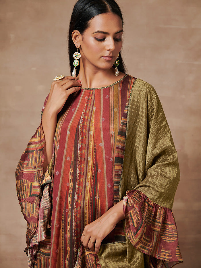 Myoko Brown Multistriped Kurta Set with Dupatta