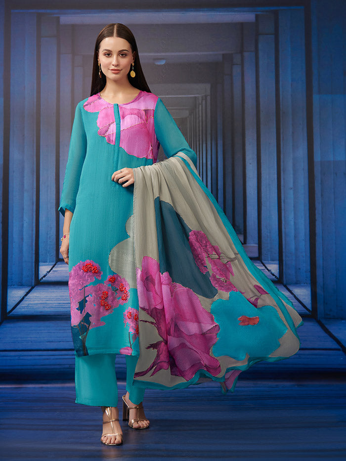 Mysie Blue Unstitched Kurta Set| Shop Saundh