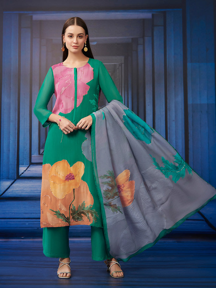 Mysie Green Unstitched Kurta Set| Shop Saundh