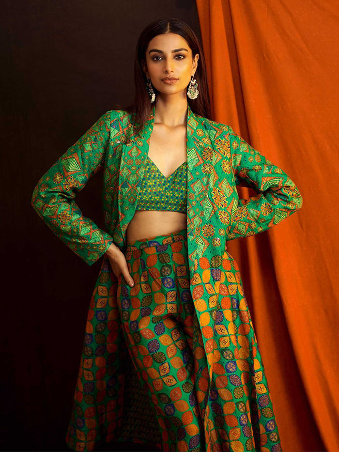 Patkatha Green Printed Jacket Set
