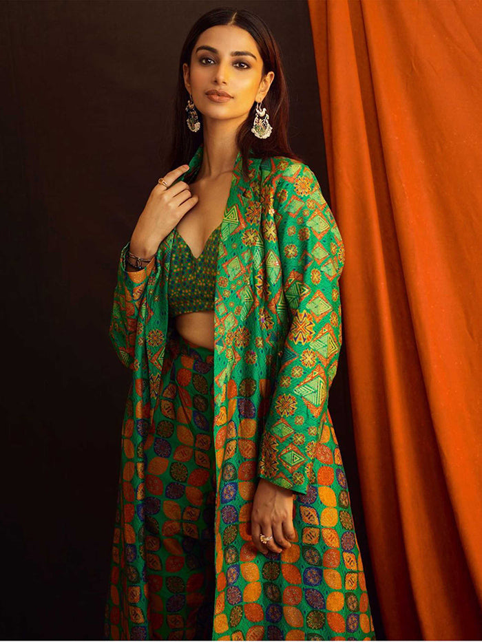 Patkatha Green Printed Jacket Set