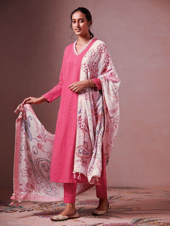 Gul Kurta Set with Dupatta - Fuschia Pink