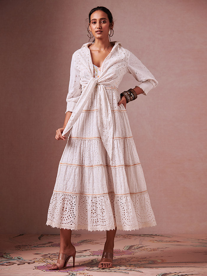 Schiffli Tie-up Shirt – White