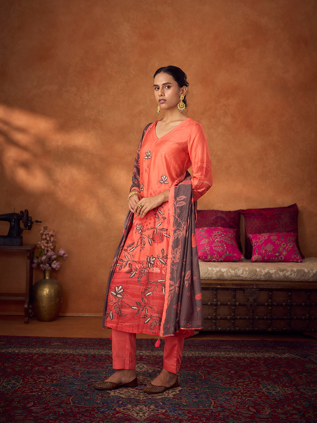 Azaara Unstitched Kurta Set - Orange