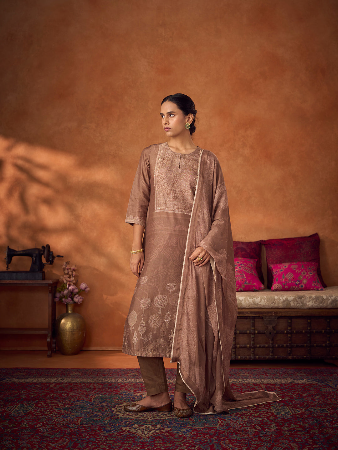 Zardozi Unstitched Kurta Set - Brown