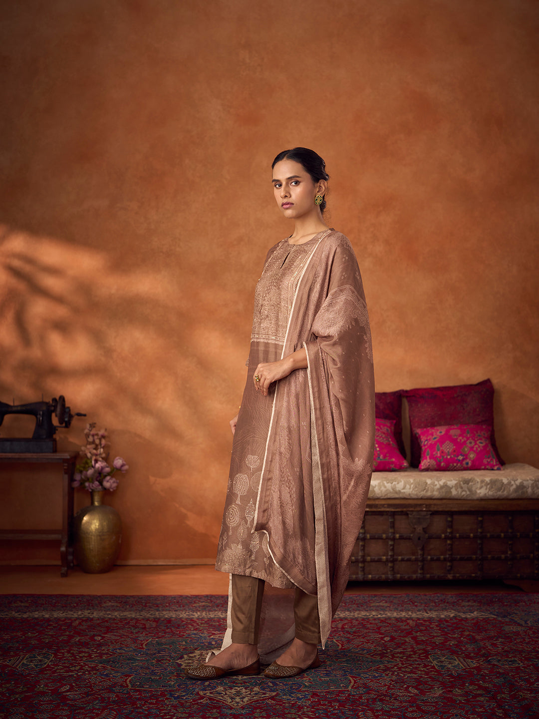 Zardozi Unstitched Kurta Set - Brown