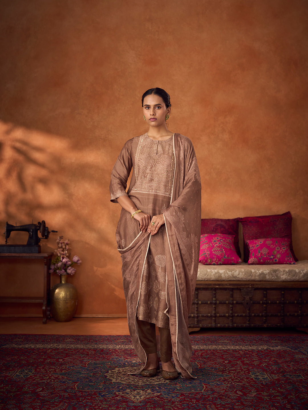 Zardozi Unstitched Kurta Set - Brown