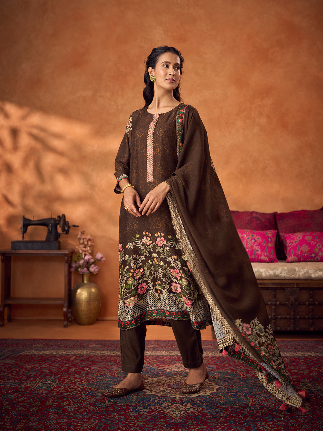Zehra Unstitched Kurta Set - Brown