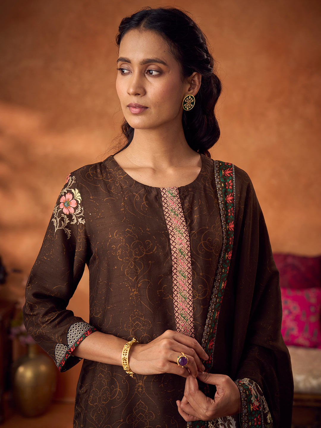 Zehra Unstitched Kurta Set - Brown