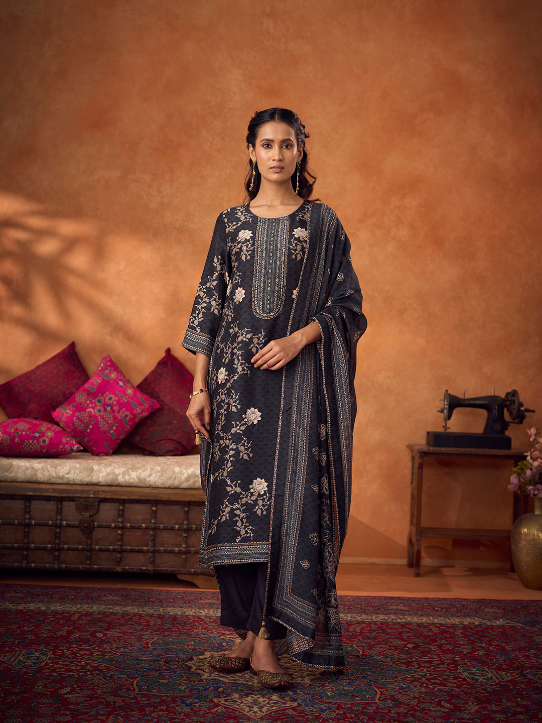 Tahni Unstitched Kurta Set - Black