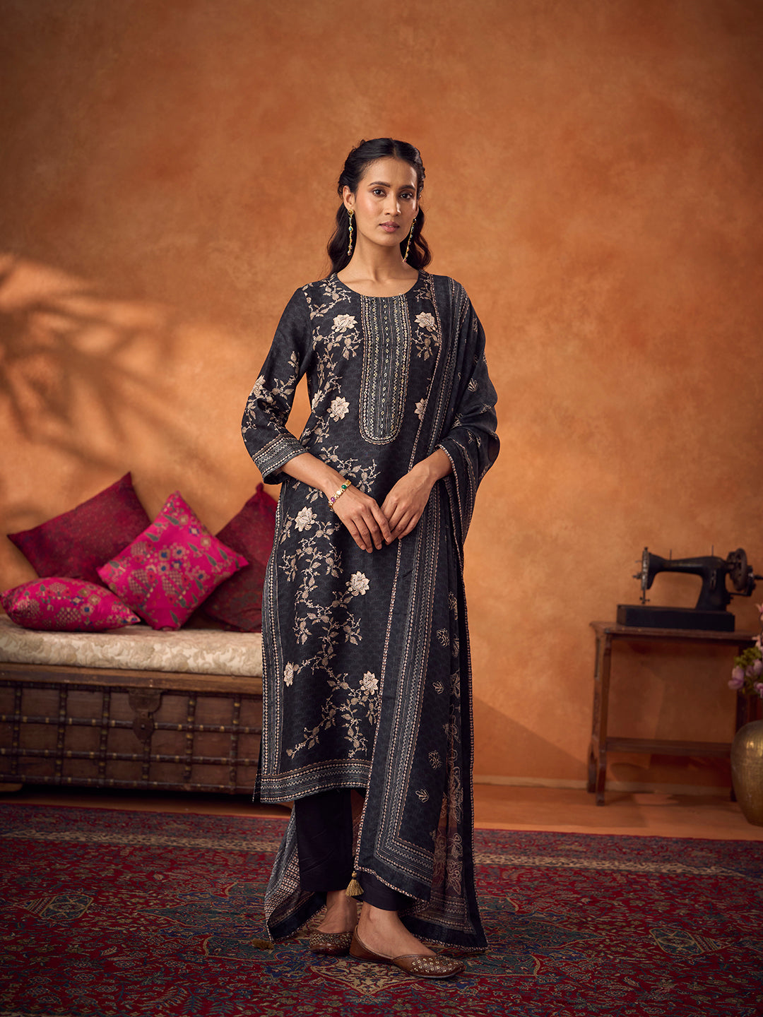 Tahni Unstitched Kurta Set - Black