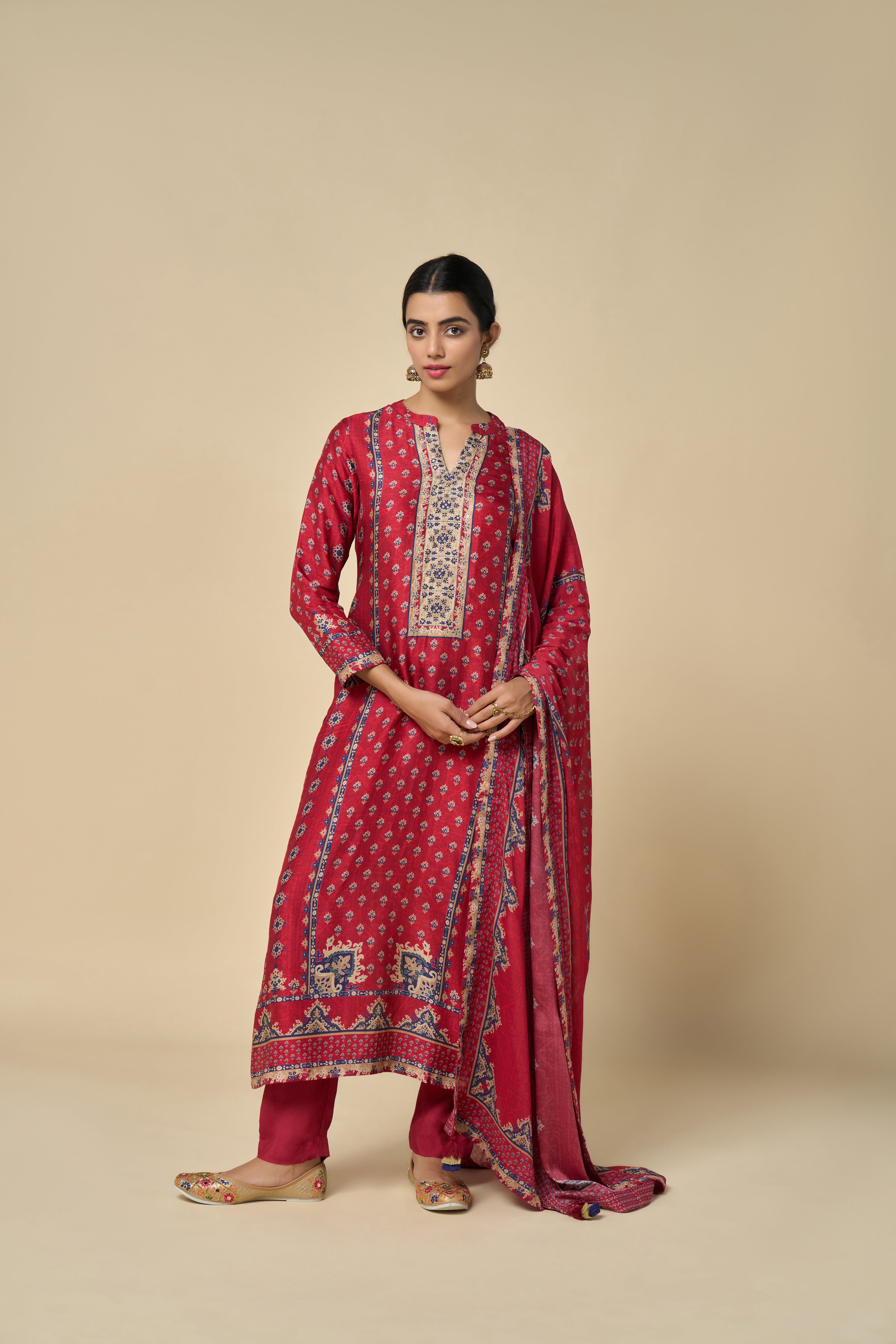 Marigold Unstitched Kurta Set - Maroon