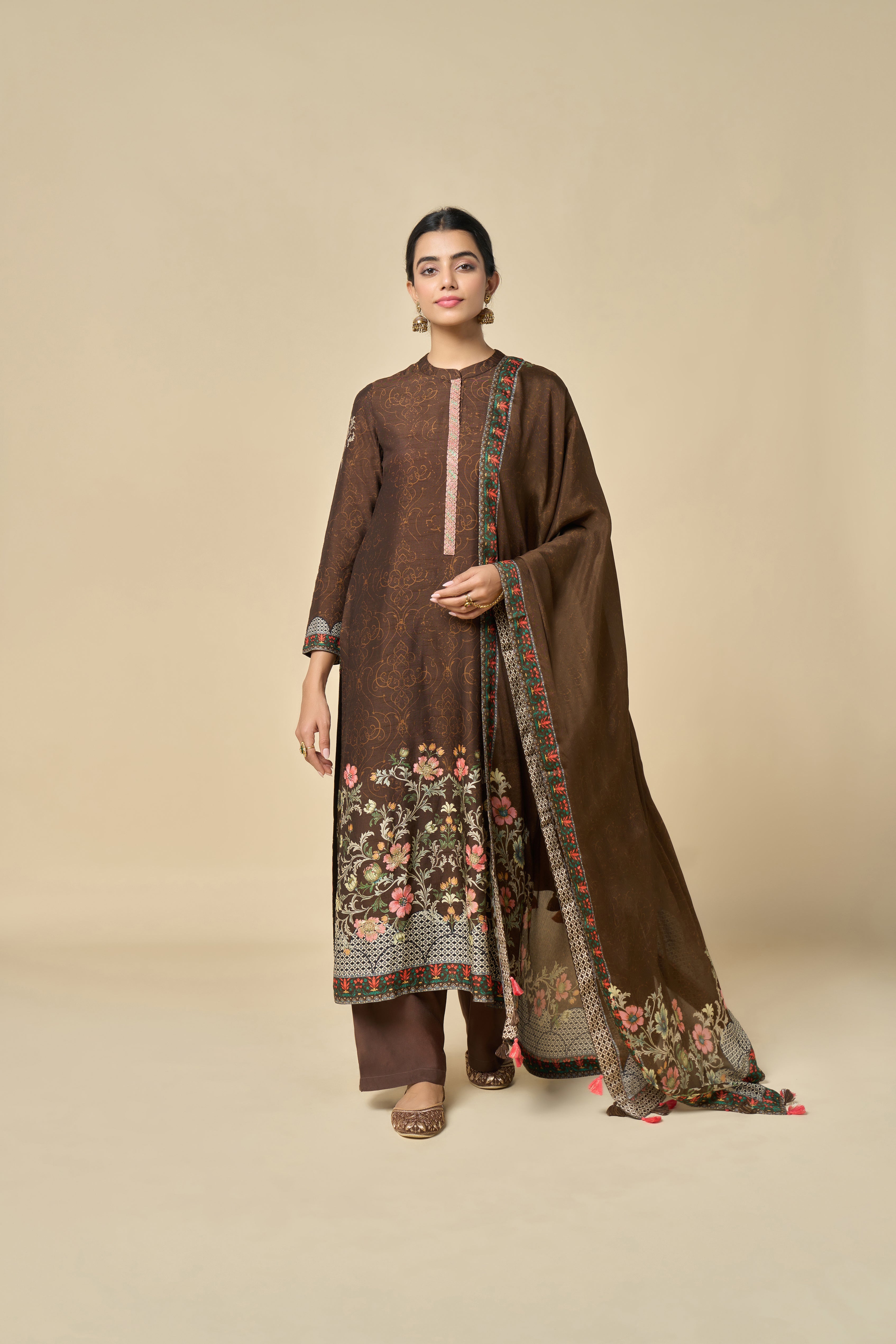 Zehra Unstitched Kurta Set - Brown