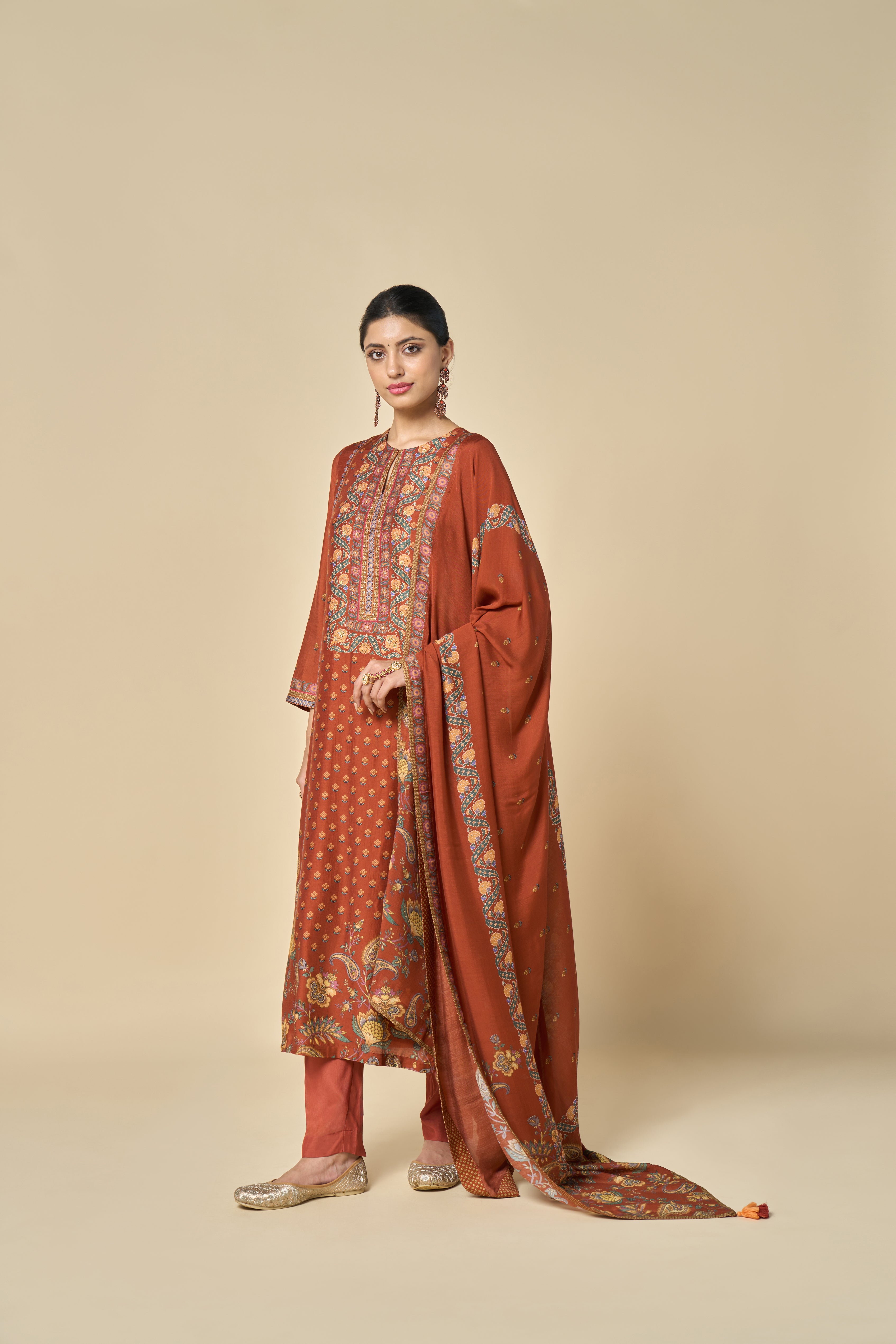 Hoor Unstitched Kurta Set - Rust