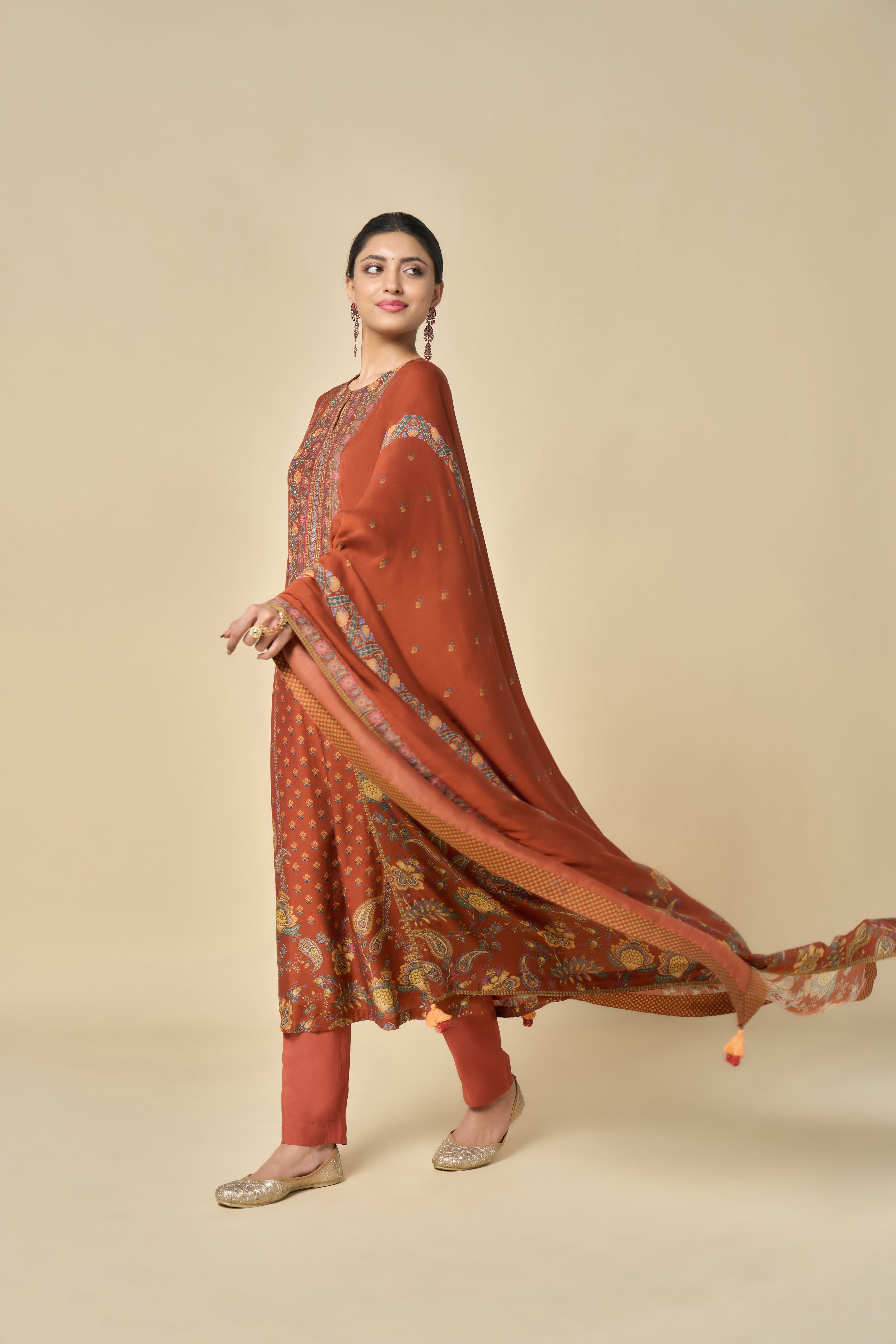 Hoor Unstitched Kurta Set - Rust