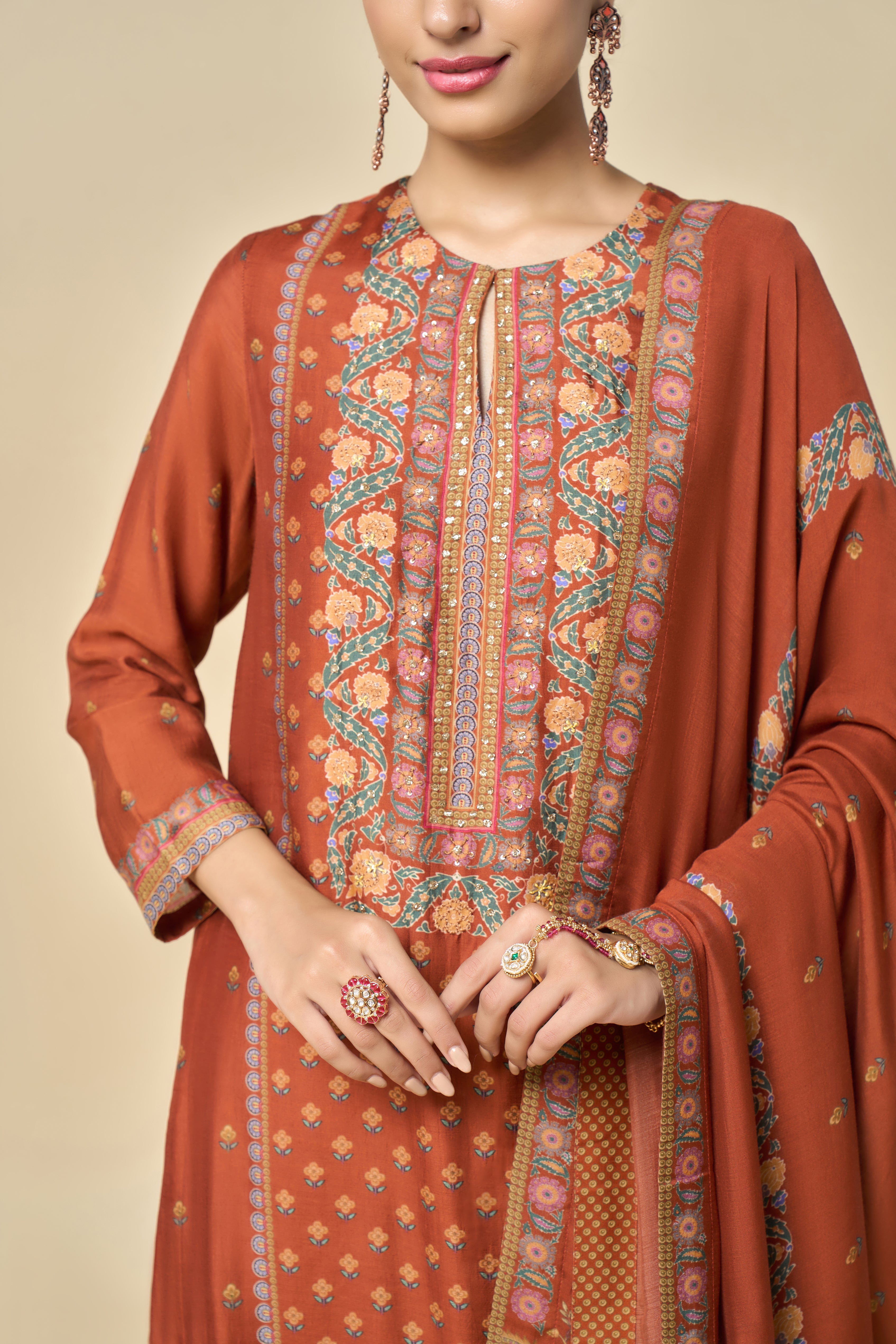 Hoor Unstitched Kurta Set - Rust