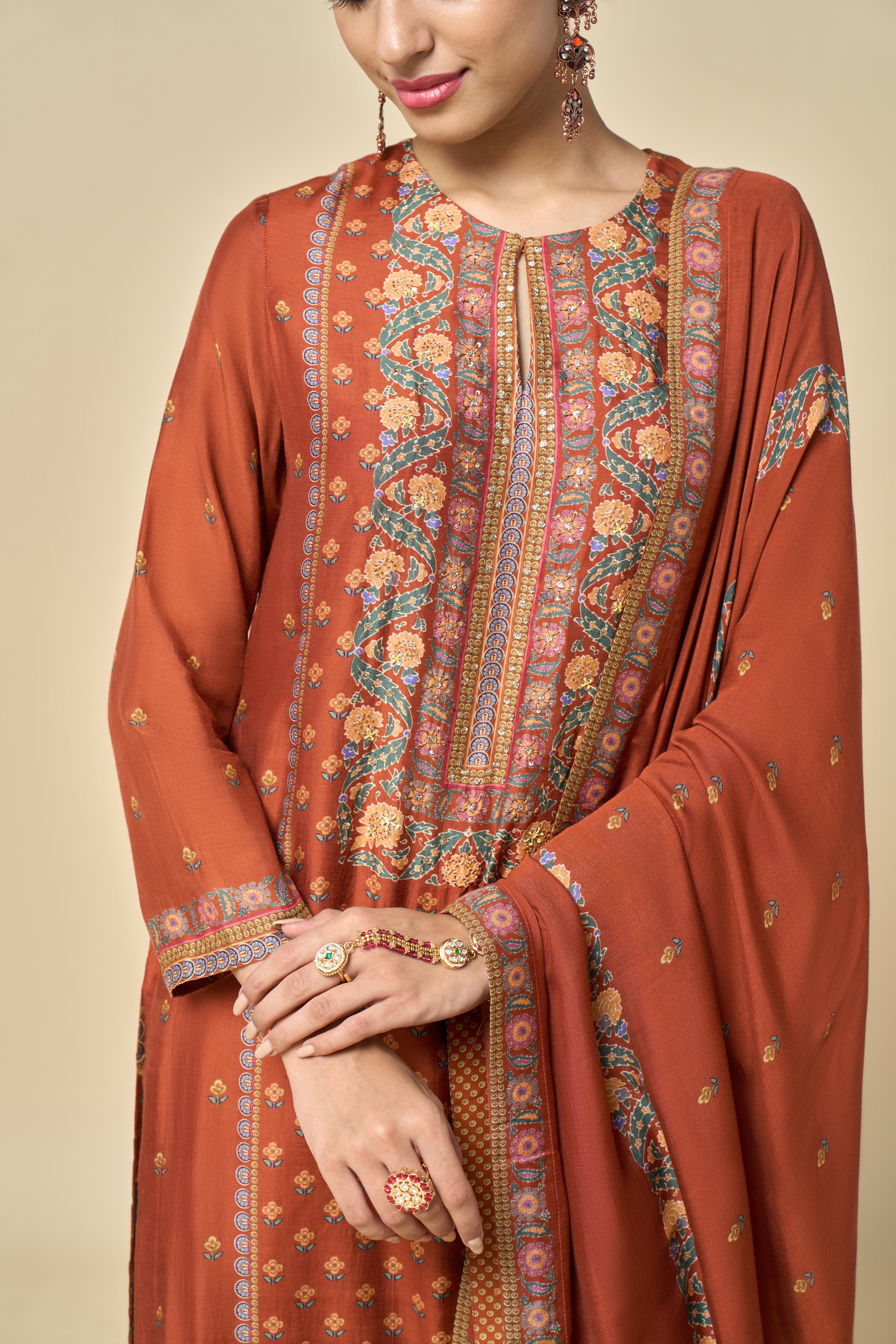 Hoor Unstitched Kurta Set - Rust