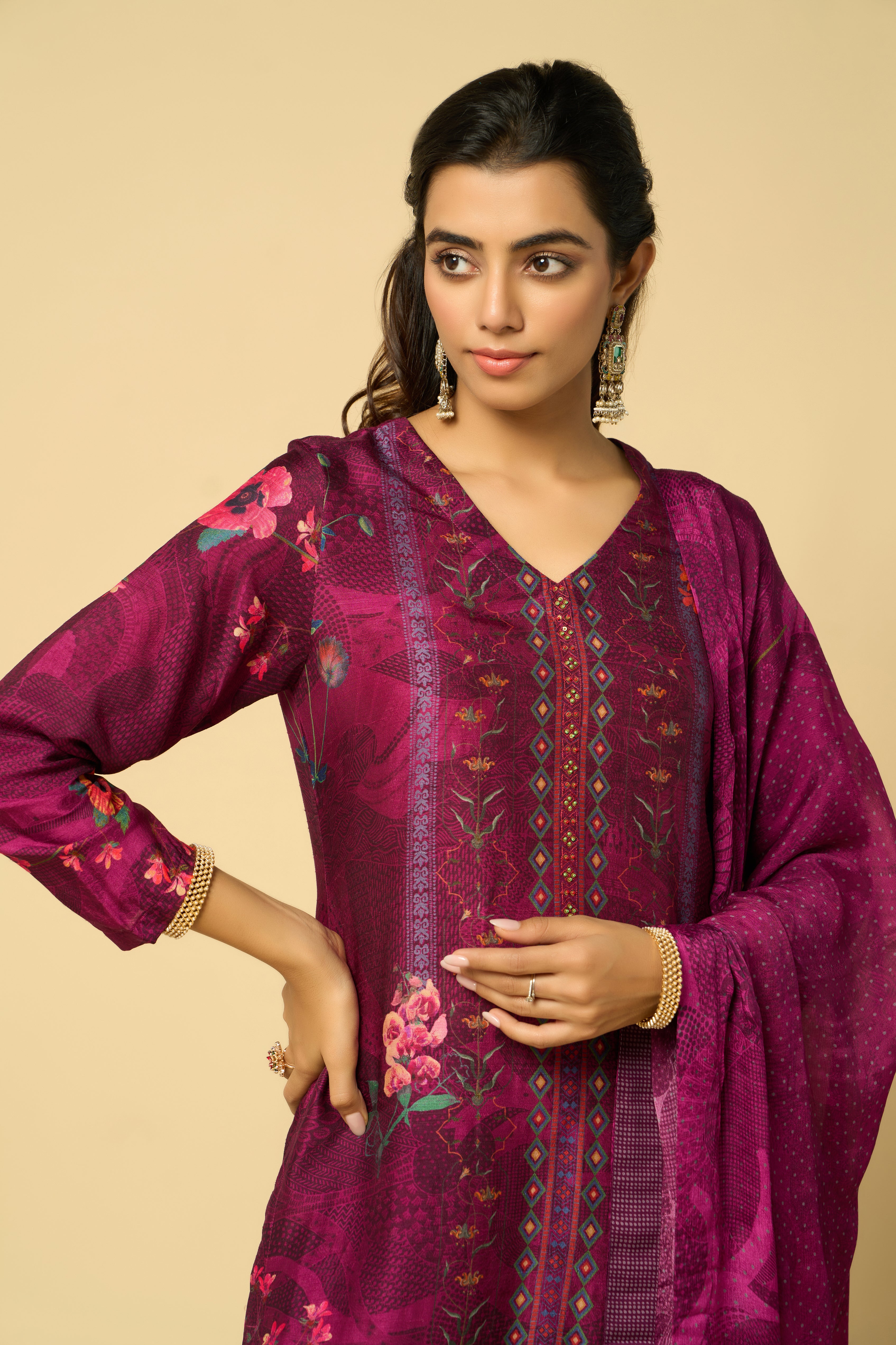 Kash Unstitched Kurta Set - Wine