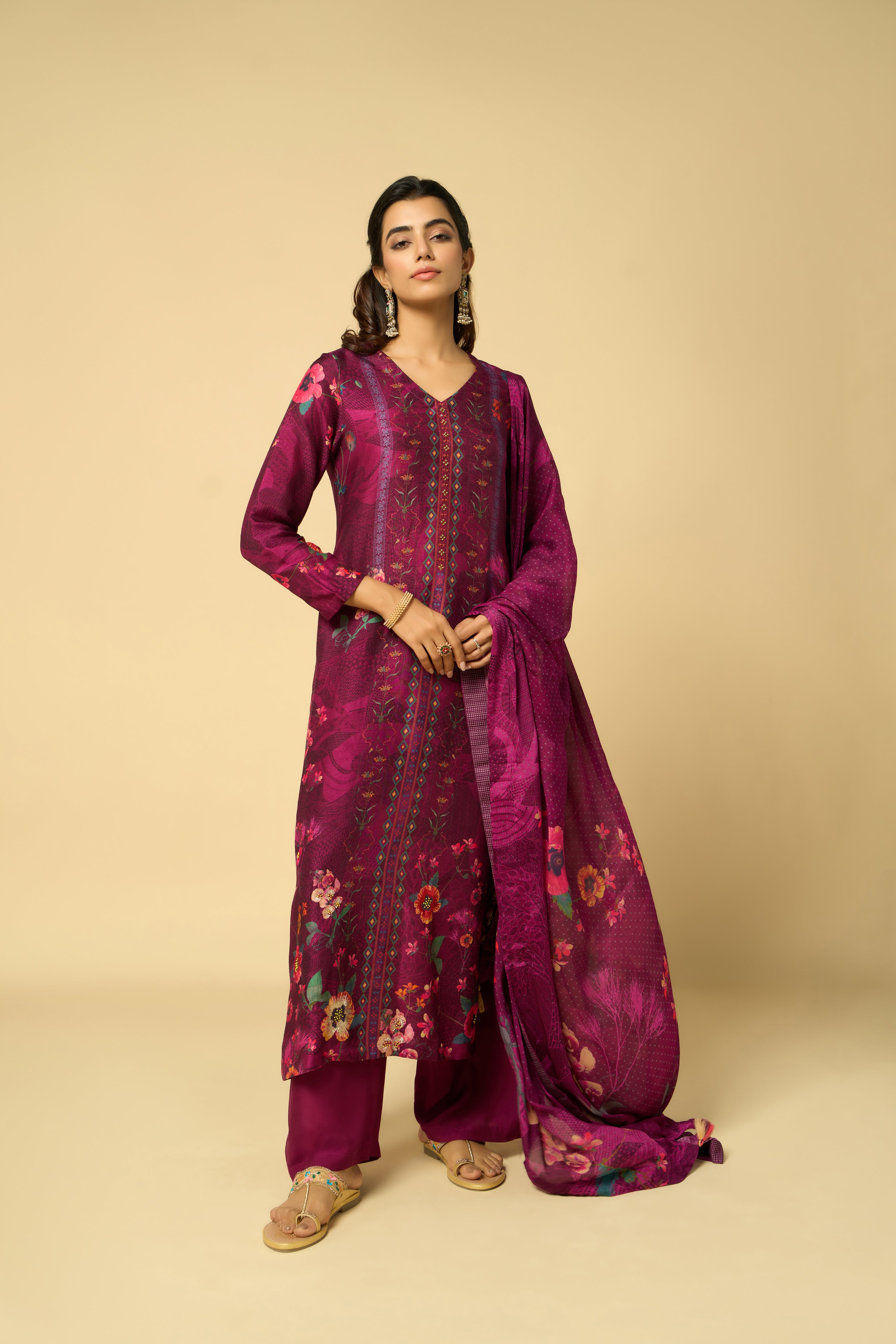 Kash Unstitched Kurta Set - Wine