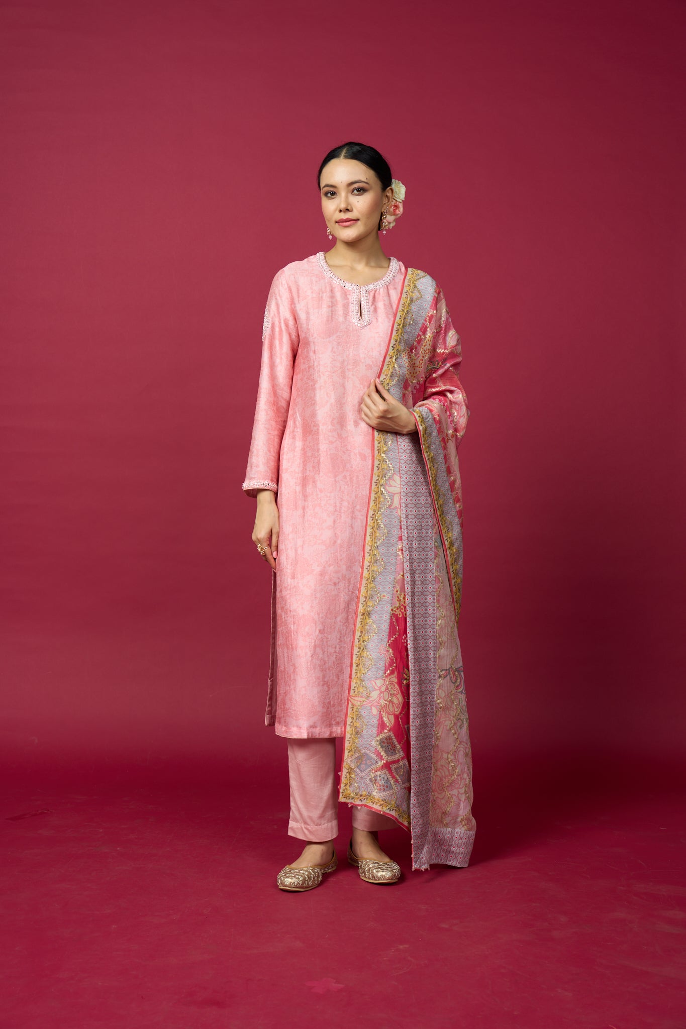 Jharokha Kurta Set with Dupatta - Pink