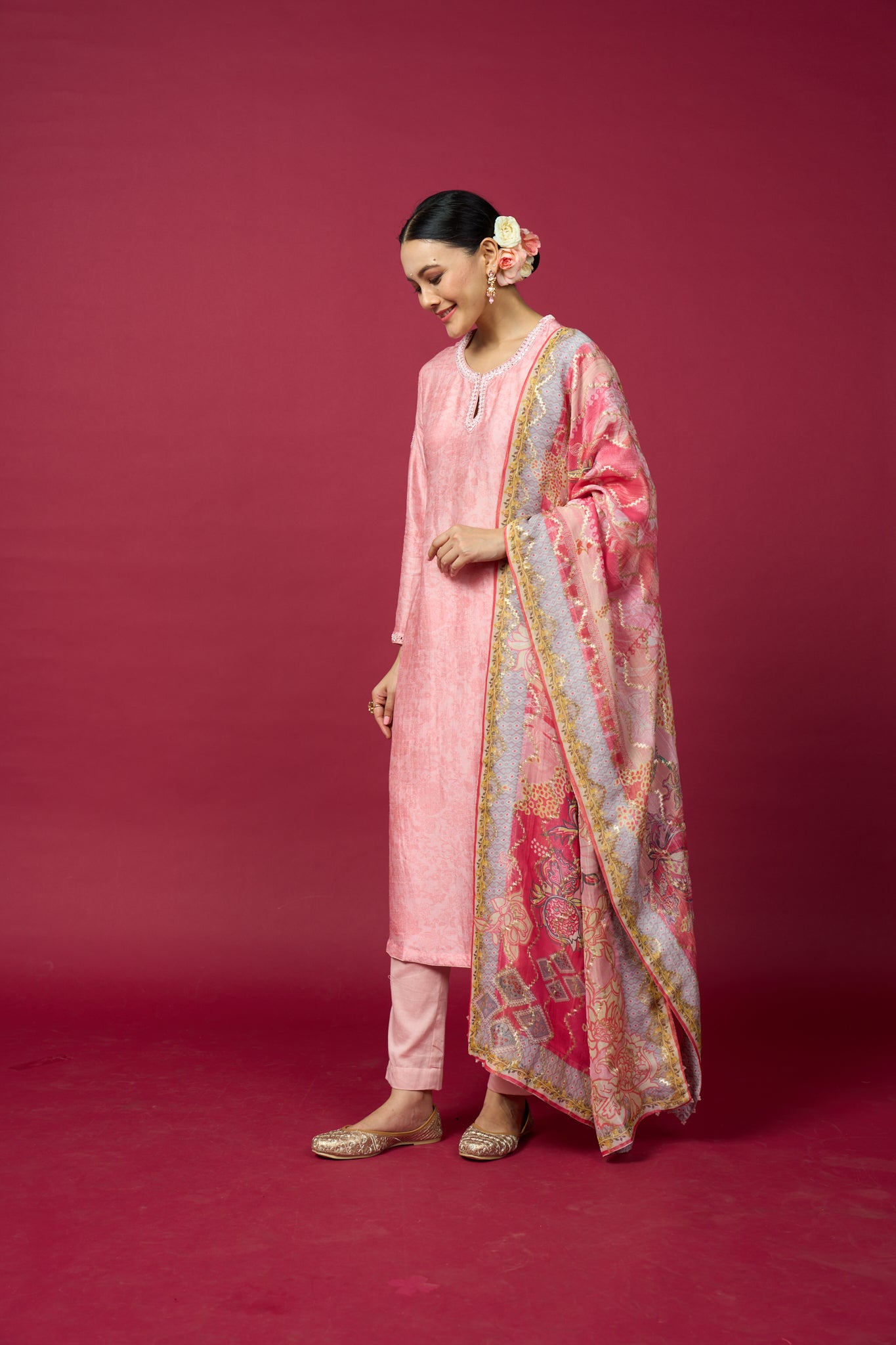 Jharokha Kurta Set with Dupatta - Pink