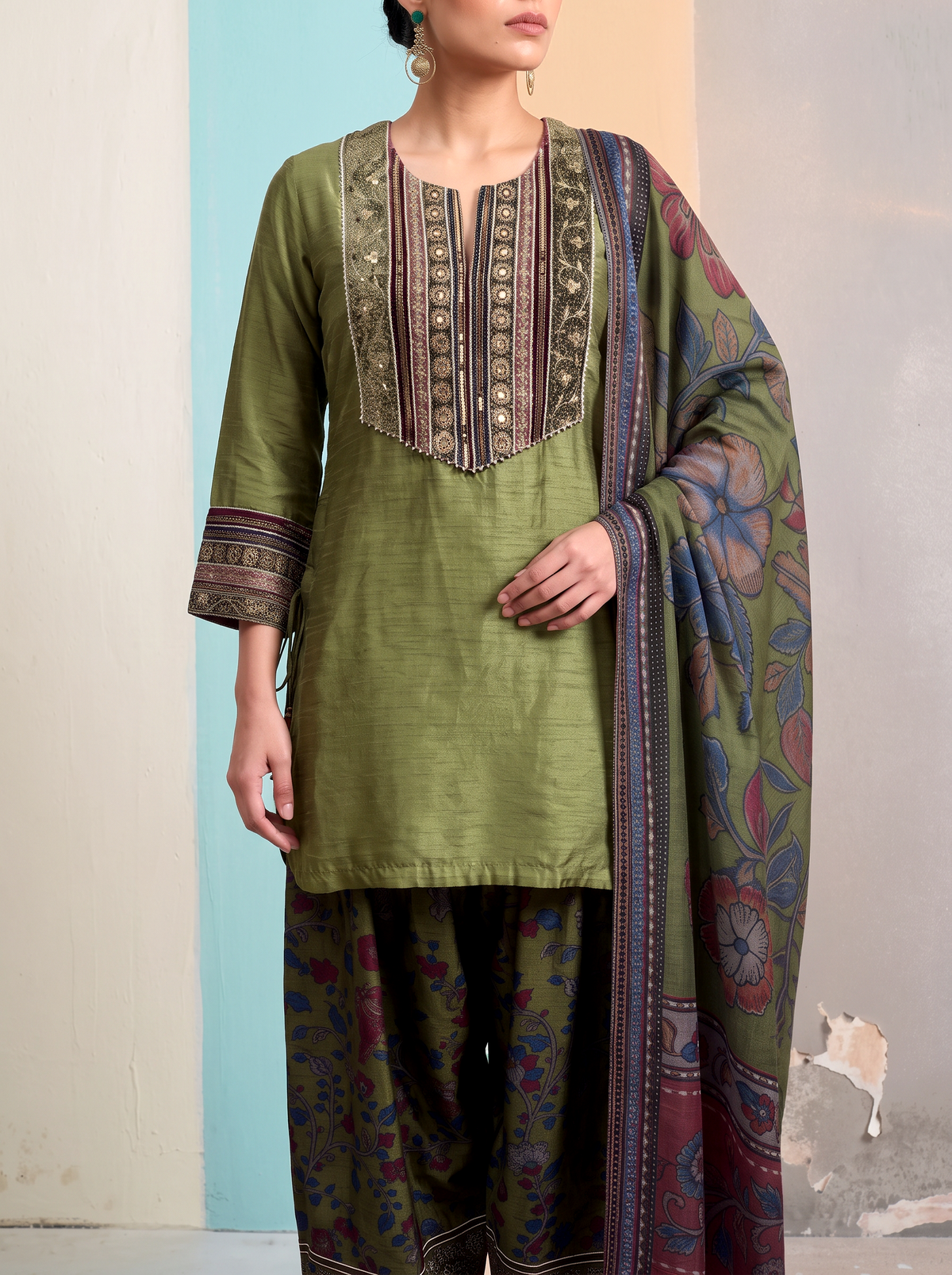 Tivra Kalamkari-inspired Salwar Set-Olive