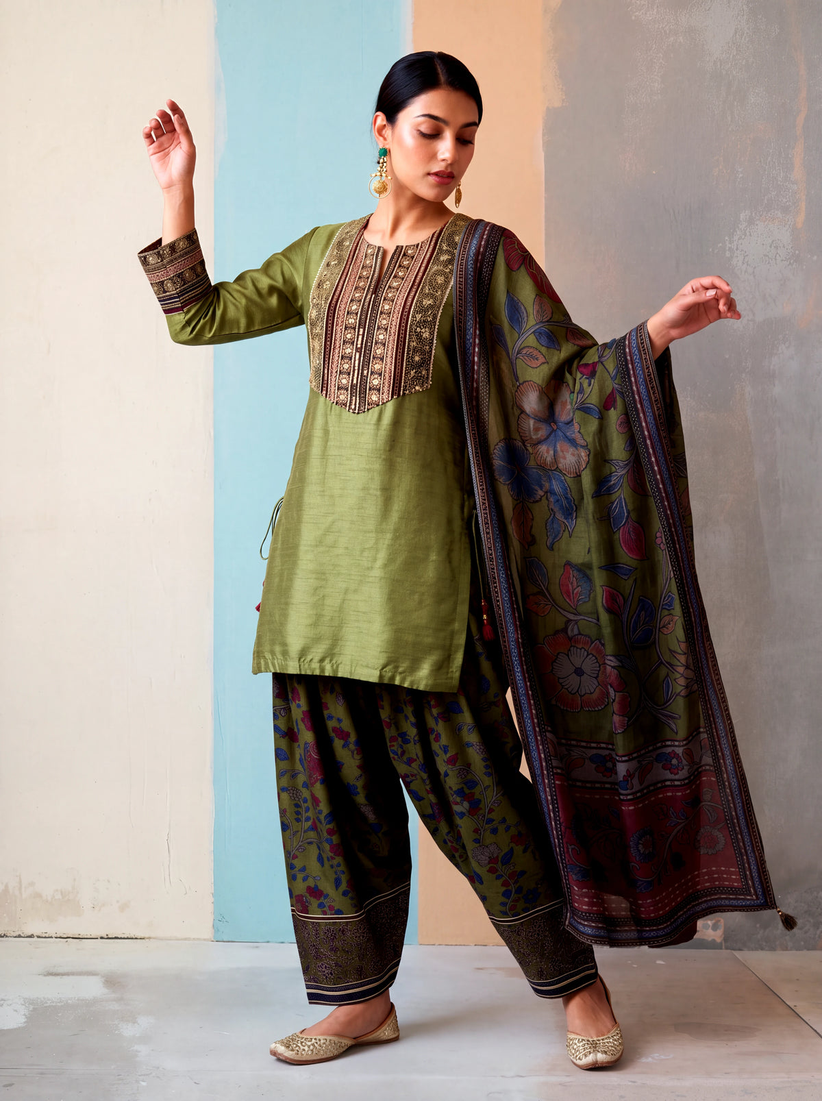Tivra Kalamkari-inspired Salwar Set-Olive