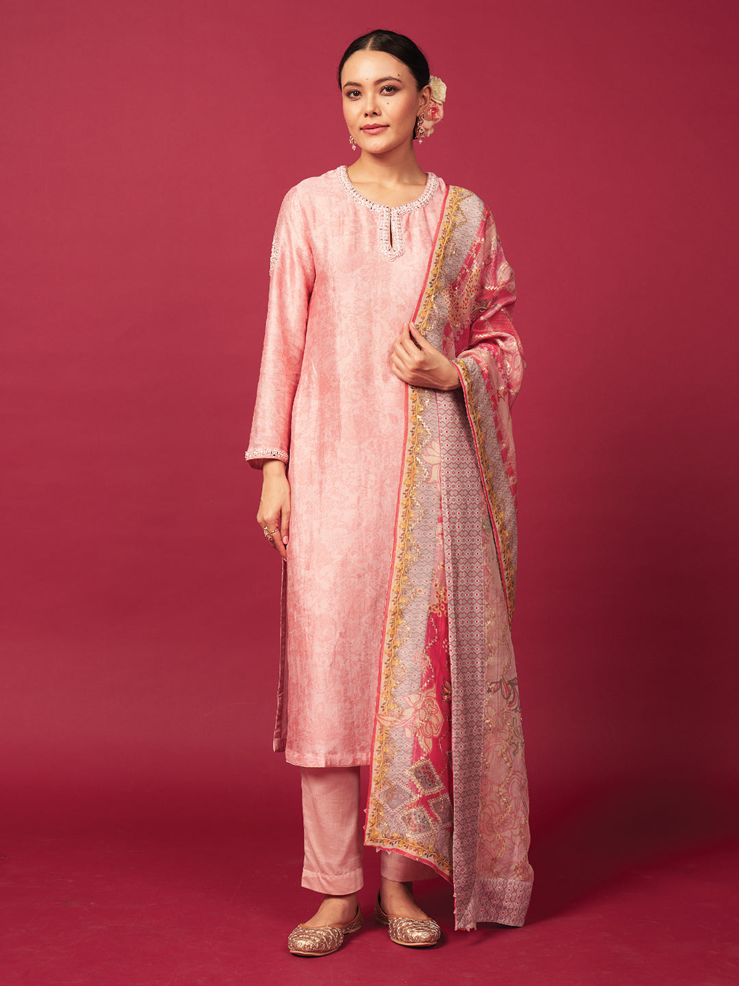Jharokha Kurta Set with Dupatta - Pink