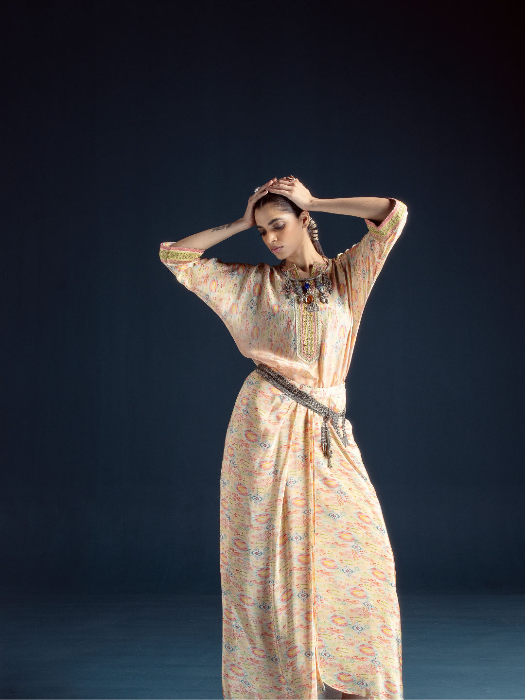 Aroha Ikat-inspired kurta set - Peach/yellow