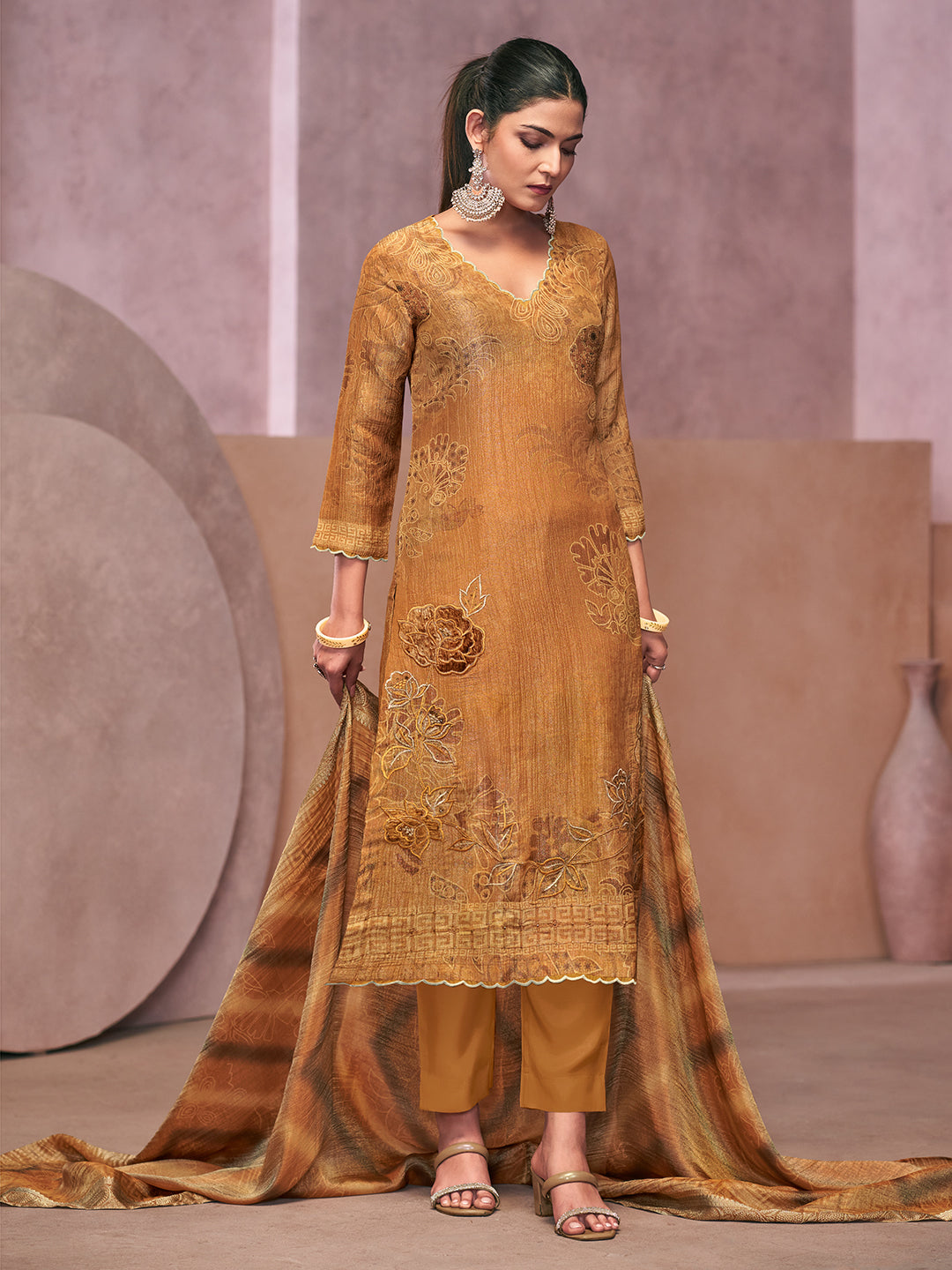 Veda Kurta Set with Dupatta - Rust