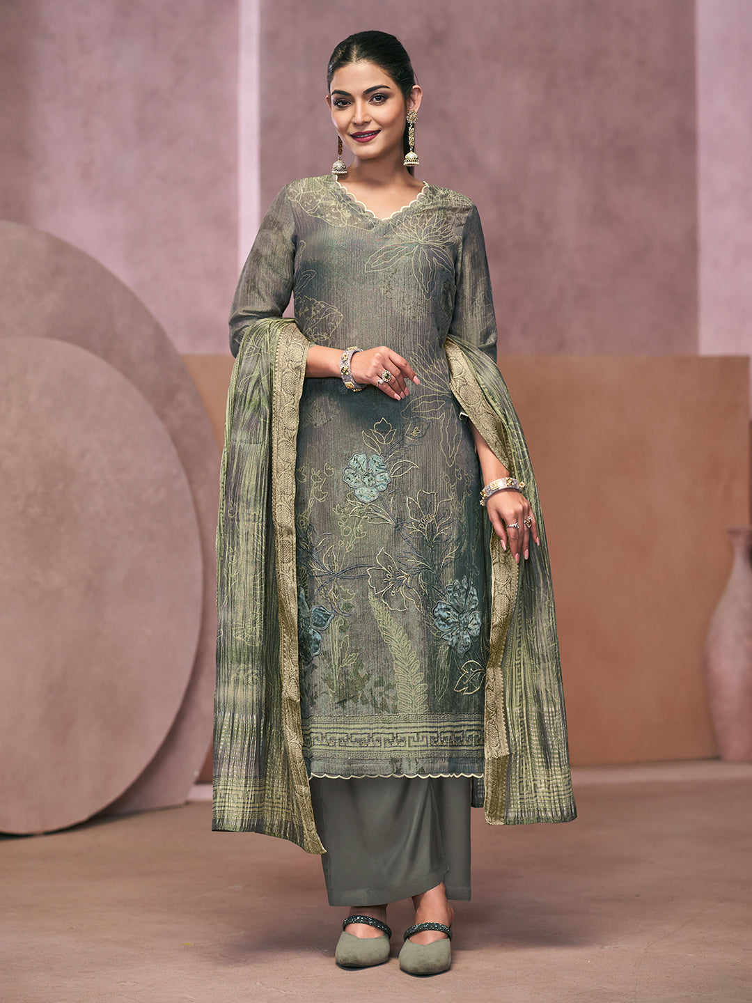 Veda Kurta Set with Dupatta - Grey