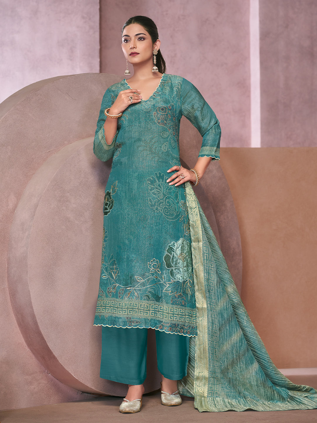 Veda Kurta Set with Dupatta - Teal Green