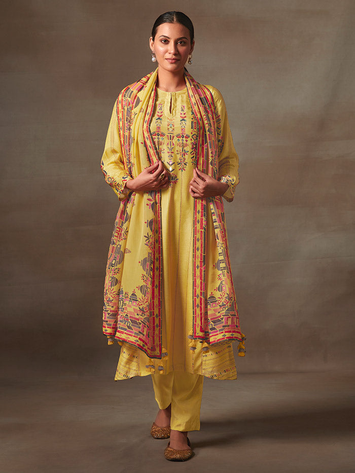 Yellow Unstitched Kurta Set| Shop Saundh
