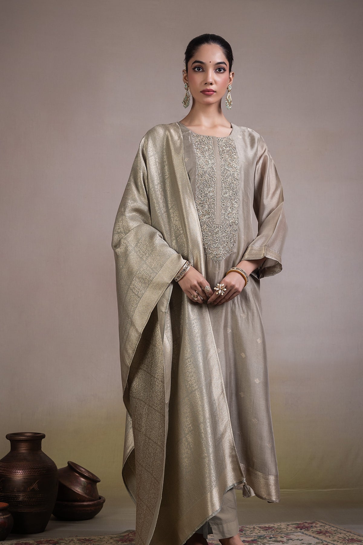 Aroha Embroidered Unstitched Kurta Set - GREY