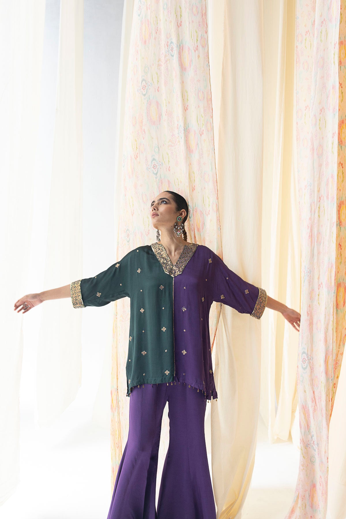 Kimiya Dolman-Sleeve Co-ord Set – Green & Purple