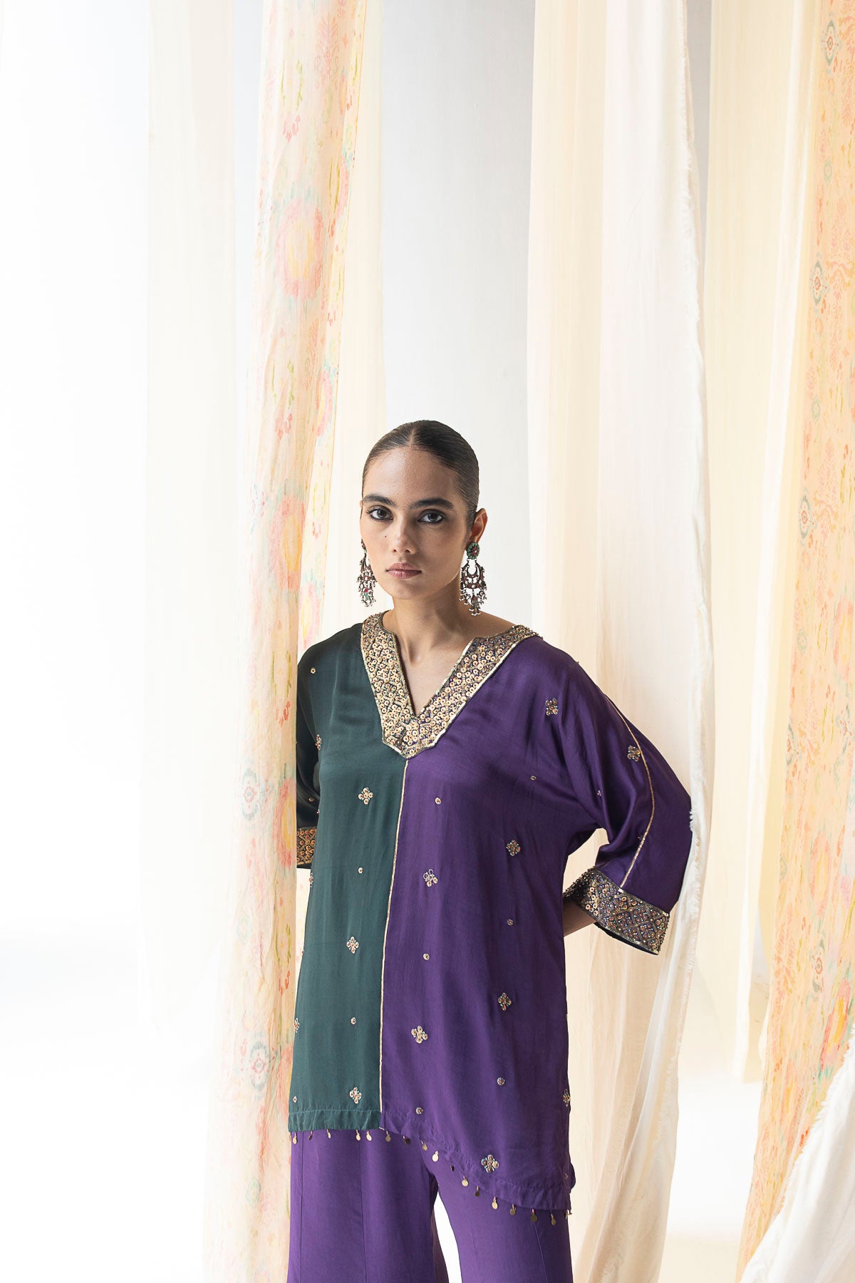 Kimiya Dolman-Sleeve Co-ord Set – Green & Purple