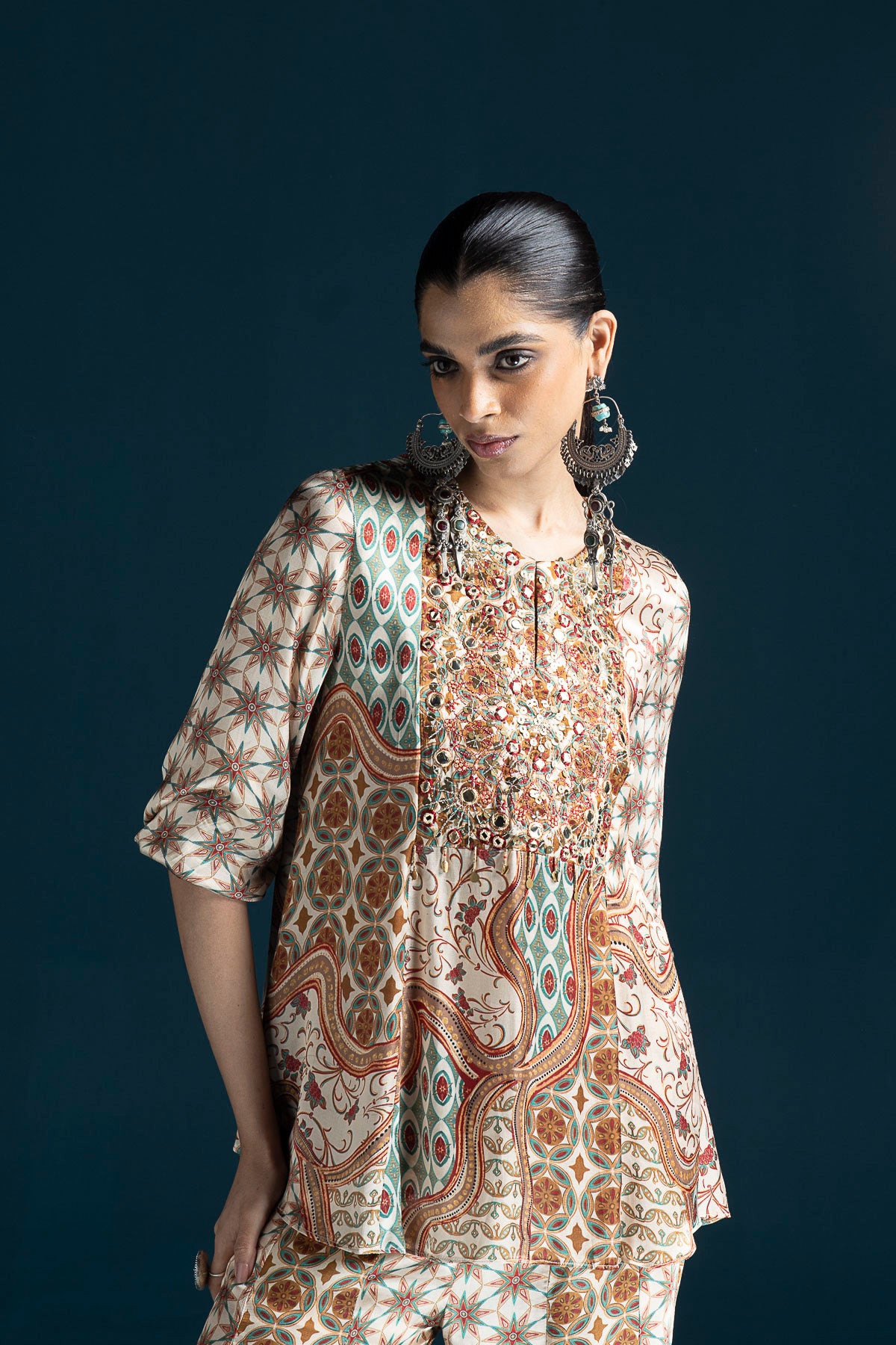 Nazm Ajrakh-Inspired Tunic & Palazzo Co-ord Set – Cream