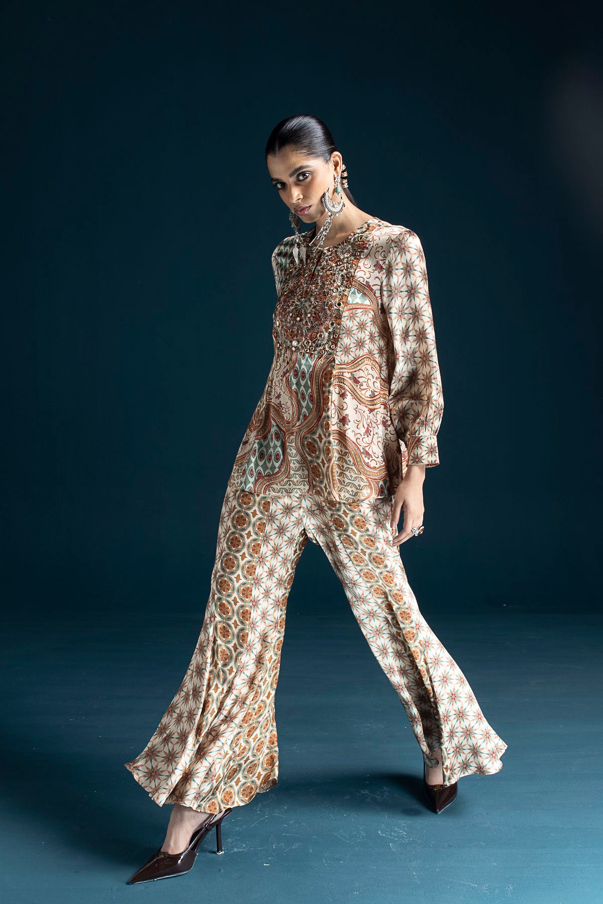 Nazm Ajrakh-Inspired Tunic & Palazzo Co-ord Set – Cream