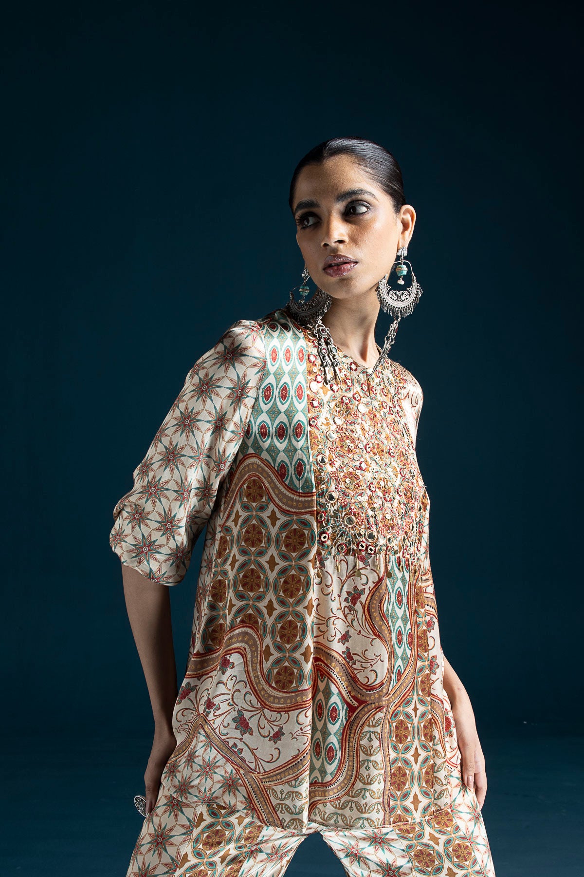 Nazm Ajrakh-Inspired Tunic & Palazzo Co-ord Set – Cream