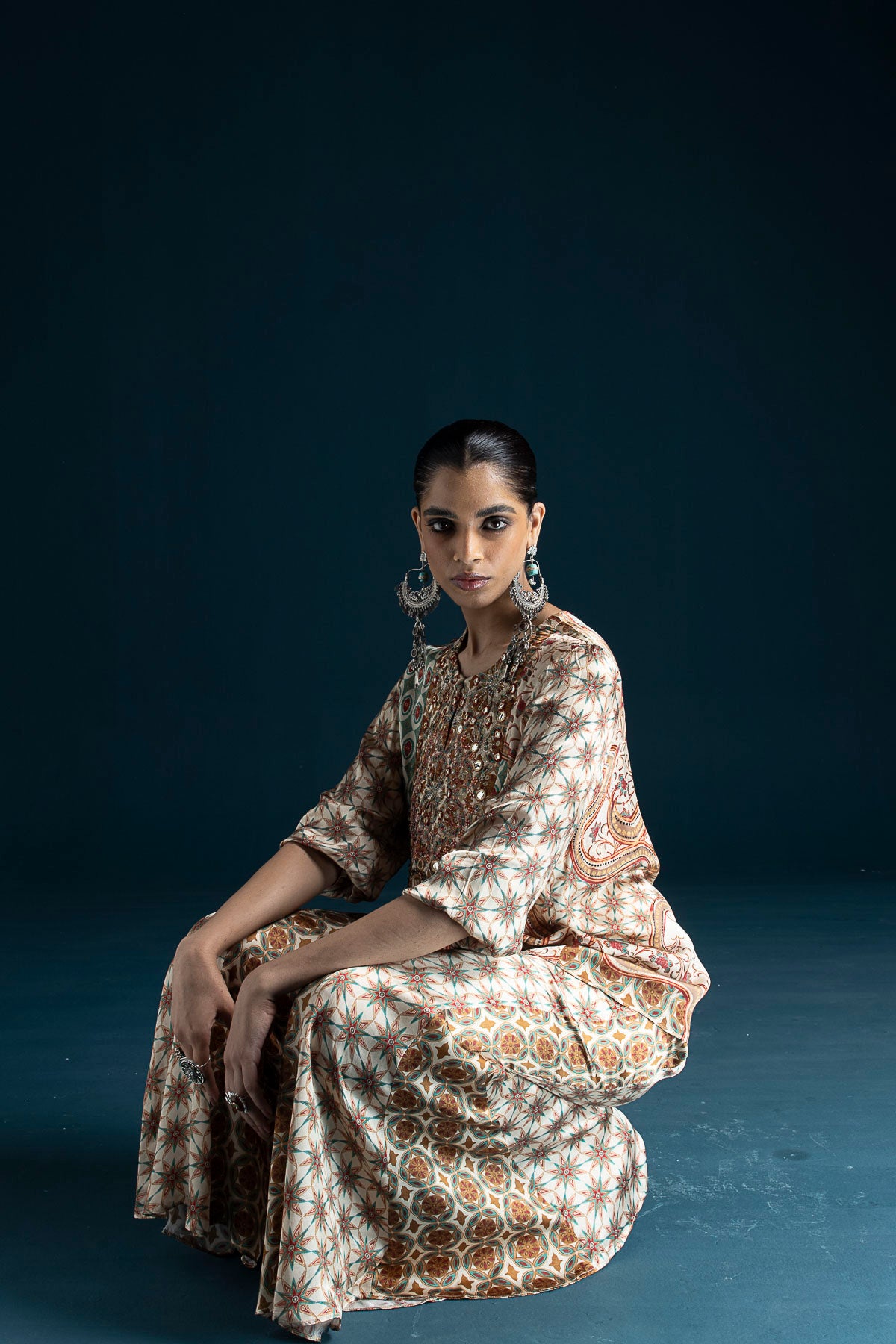 Nazm Ajrakh-Inspired Tunic & Palazzo Co-ord Set – Cream