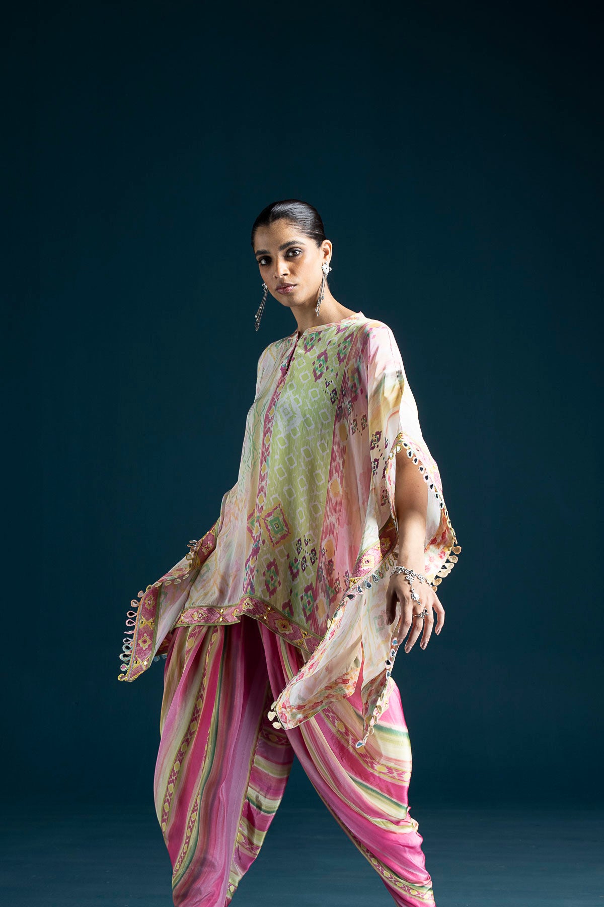 Mehr Ikat-Inspired Kaftan & Dhoti Co-ord Set - Pink