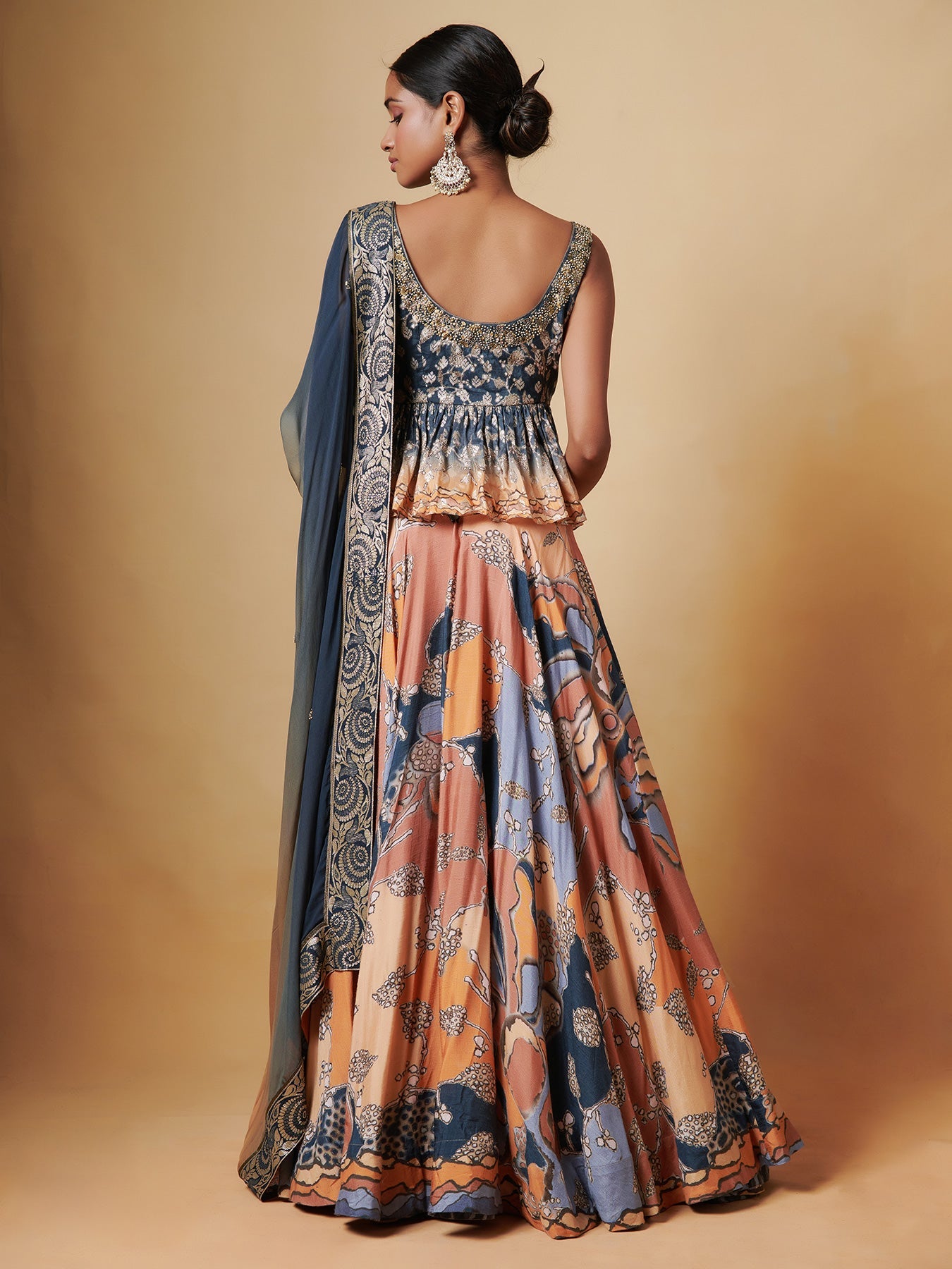 Agni Blue Orange Peplum Lehenga Set in Raw Silk