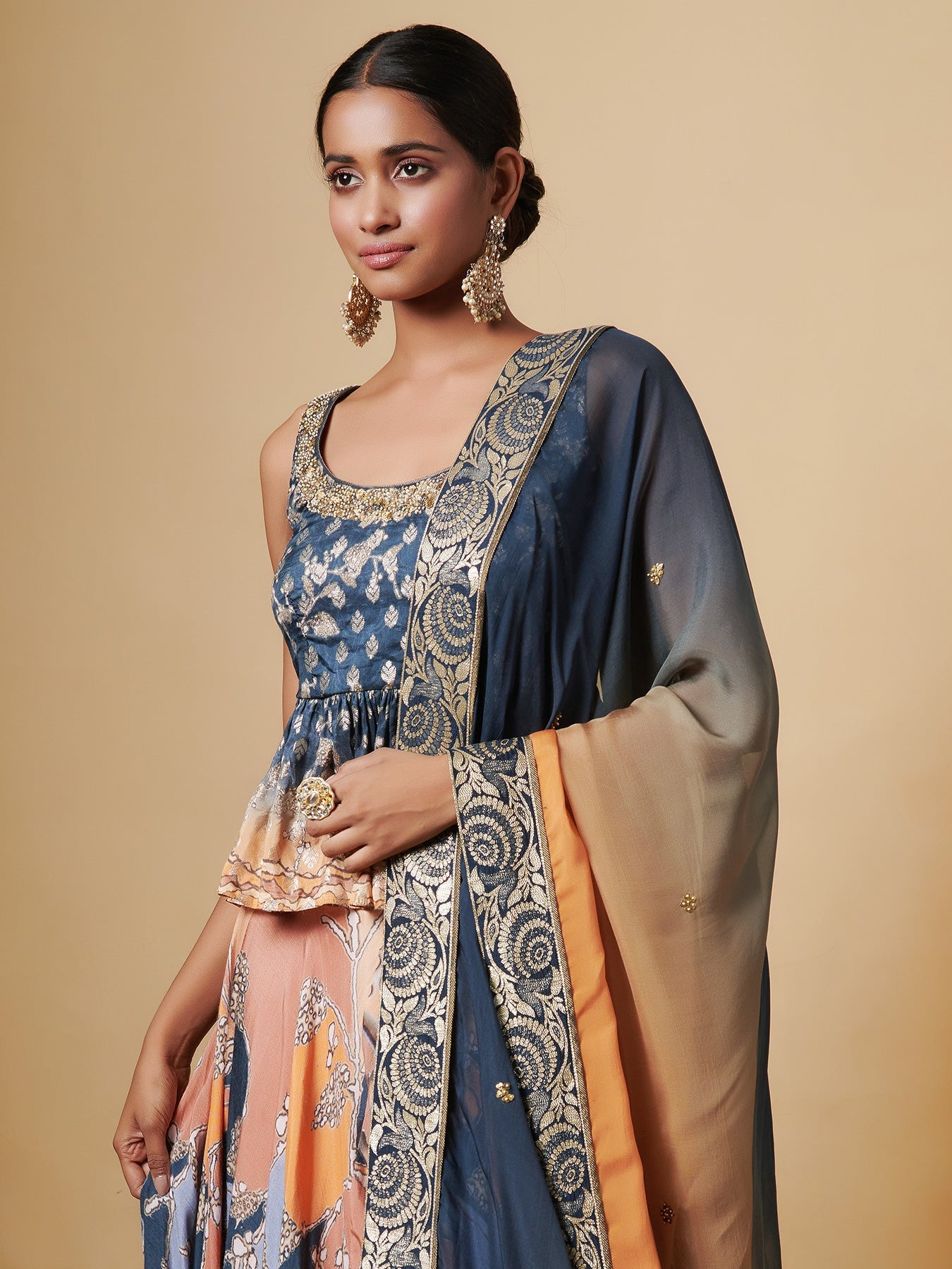 Agni Blue Orange Peplum Lehenga Set in Raw Silk