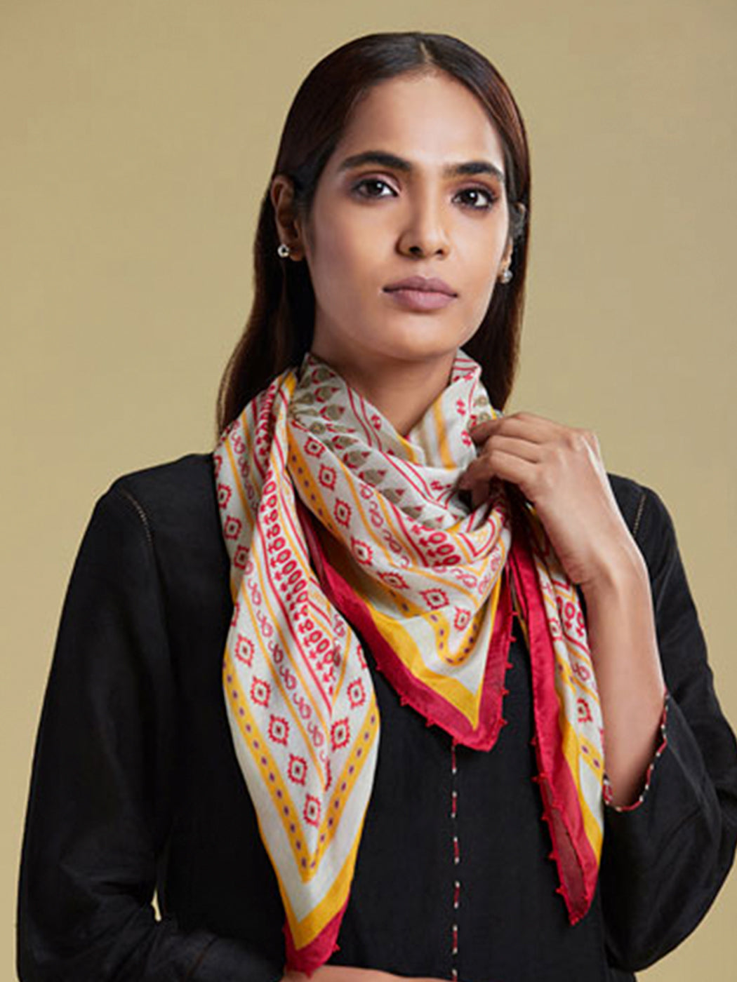 Ajrak cotton silk printed scarf in Ivory