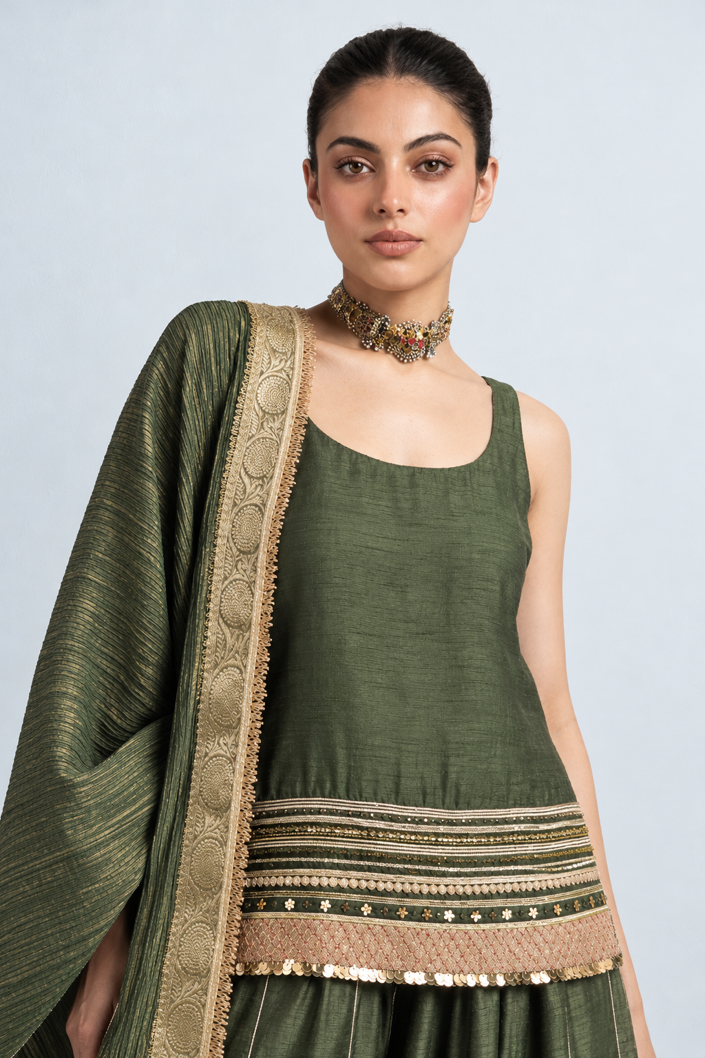Zehn Kalamkari-inspired kurta set -Olive