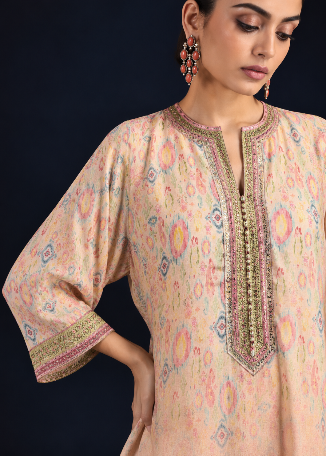 Aroha Ikat-inspired kurta set - Peach/yellow