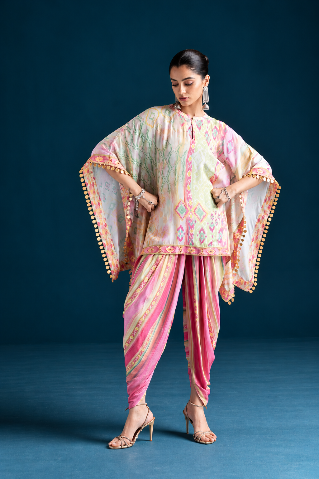 Mehr Ikat-Inspired Kaftan & Dhoti Co-ord Set - Pink